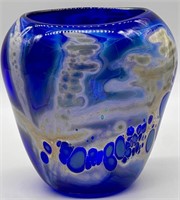 Signed Art Glass Cobalt Blue w/ Silver Vase