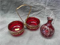 Bohemia Red Glass Cruet & Ruby Red Tidbit Bowls