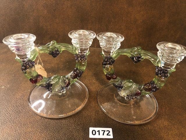 Glass Candle Sticks Vintage Grape pattern