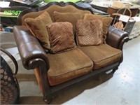 LEATHER LIKE & SUADE LOVE SEAT WITH PILLOWS