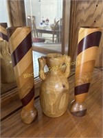 (2) Wooden Candlesticks & A Vase