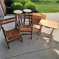 2 Folding Chairs, Stools and, TV Tray Set