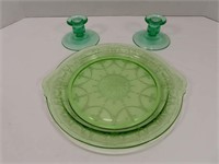 Green Depression Plater, Candle Sticks
