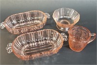 Pink Depression Glass Pickle Dishes, Cream & Sugar