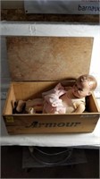 LARGE VINTAGE DOLL IN WOOD BOX, IN PIECES