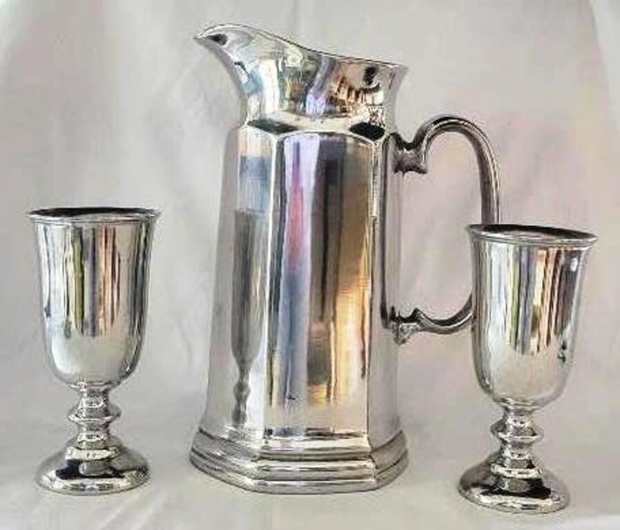 Vintage Wilton Columbia Pewter Pitcher & 2 Goblets