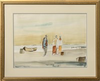 Illegibly Signed "Figures at Shore" Watercolor