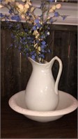 Decorative Bowl & Pitcher With Faux Flowers