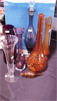 Four glass vases and two decanters 22" and