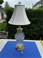 32" Patterned Glass Lamp w/Paneled Linen Shade