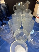 PITCHER W/6  MUGS AND ASSORTED OTHER GLASSWARE