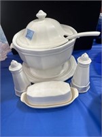 WHITE IRONSTONE SOUP TUREEN, LADLE AND UNDERPLATE