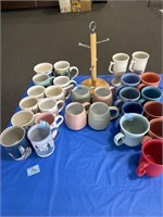 26 ASSORTED COFFEE CUPS AND CUP TREE