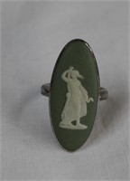 Vintage Wedgwood ring, green cameo, sterling