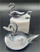 3 Vintage Art Glass Paperweights Duck & Birds