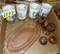 WOOD CANDLESTICK HOLDERS,  GLASSES, AND PINK