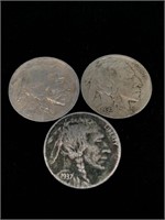 Three Vintage 5C Buffalo Nickel Coins - 1935,