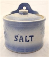 Early Blue salt glaze salt cellar w/ lid
