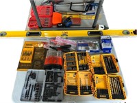 A Collection Of Tools. Drill Bits, Tape Measures,