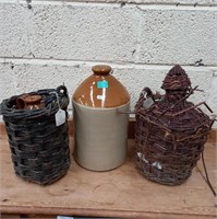 Two Stoneware Whiskey Crocks and a Glass Syphon