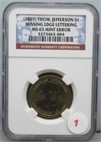 2007 Thomas Jefferson $1 Missing Edge Lettering