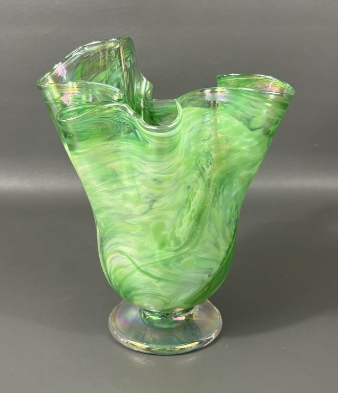 Hand Blown Art Glass Iridescent Handkerchief Vase