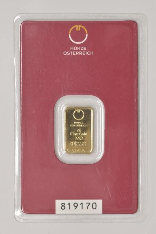 Munze Osterreich 2 Gram Gold Bar on Card