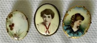 3 Antique Victorian Porcelain Portrait Brooch Pins