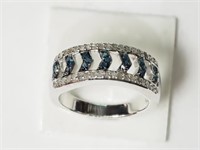 Sterling Rhodium Plated White & Blue Diamond Ring