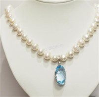 14K White Gold, Blue Topaz & Pearl Necklace