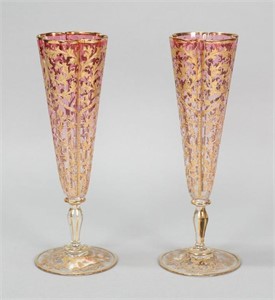 Pair of Moser Cranberry Champagne Flutes