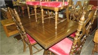 DBLE PEDASTAL OAK DINING TABLE, 6 CHAIRS, 2 LEAVES