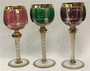 3 Colored Glass Gilt Decorated Wine Glasses