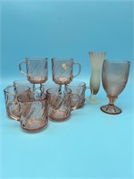 Pink Depression Glass Mugs, Goblet & Vase