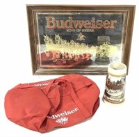 (3pc) Budweiser Mirrored Sign, Stein, Bag