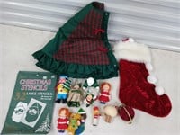 Lovely tree skirt, stocking, vintage ornaments,