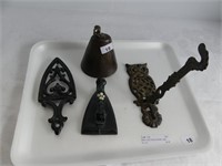 TRAY: CAST IRON & TRIVET, OWL HOOK & BELL