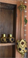 Antique Pierced Brass Jeweled Hanging Lamp + (2)