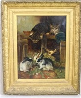 19TH C. OIL ON CANVAS, SCENE WITH CATS & RABBITS,