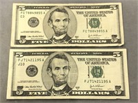 TWO 2003 AMERICAN $5 BILLS
