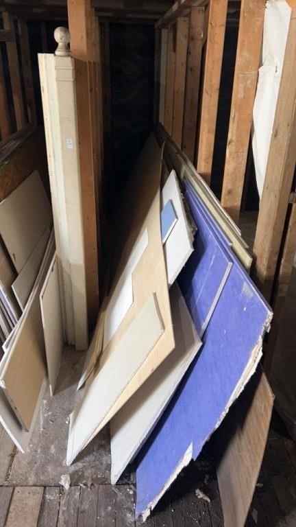 Lot of fence posts, drywall, blue board, assorted