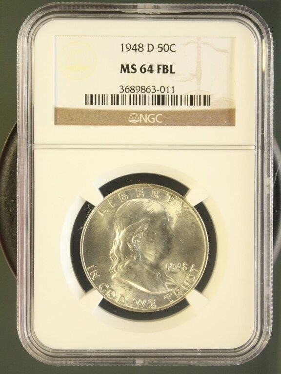 US Coins 1948-D Franklin Half Dollar MS64FBL NGC