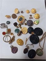 Lot of Various Vtg. Pins, Military Buttons, Tie