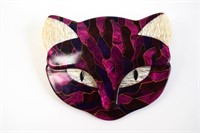 Signed Lea Stein Paris Purple Cat Face Pin Brooch