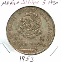 Mexico Silver 5 Peso Coin - 1953