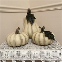Trio of Pottery Pumpkins One Damaged