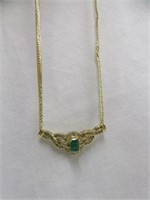 14KT GOLD DIAMOND AND EMERAL NECKLACE 8.5"