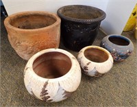 (2) LARGE & 3) SMALL PLANTER POTS W/PAINTING