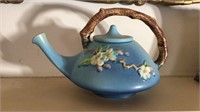 Roseville pottery blue teapot, cherry blossom