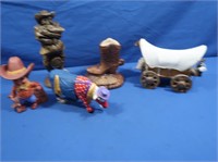 Wooden Wagon, Ceramic Boot & Cowboy, Resin